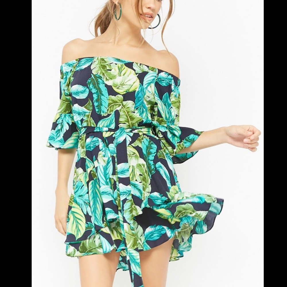 Palm leaf print off the shoulder dress
